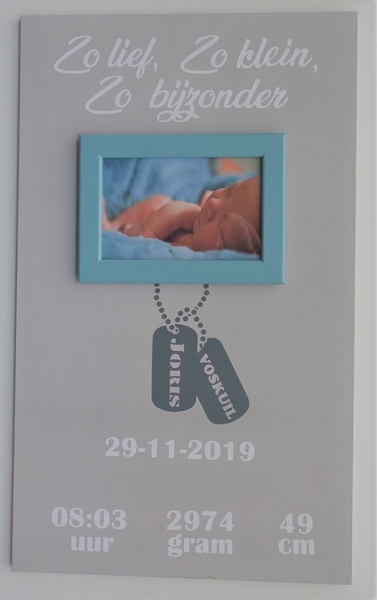 Geboortebord dogtags 30 x 50 diverse kleuren met fotolijstje  