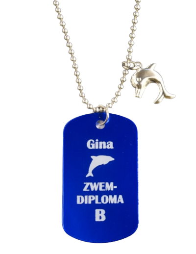 Ketting dogtag gegraveerd met naam en zwemdiploma 