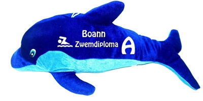 Dolfijn knuffel bedrukt met naam en zwemdiploma A, B of C 50cm