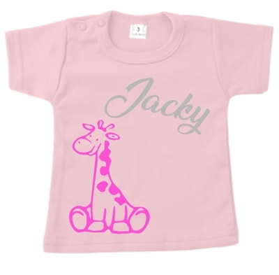 Baby t-shirt bedrukt girafje simpel en naam 