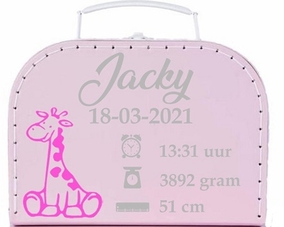 Geboortekoffertje met kraamcadeau's nr.27 in 5 kleuren bedrukt girafje simpel