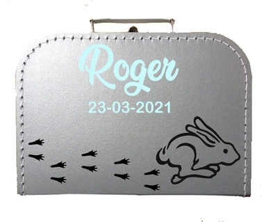 Geboortekoffertje running rabbit gepersonaliseerd diverse kleuren 