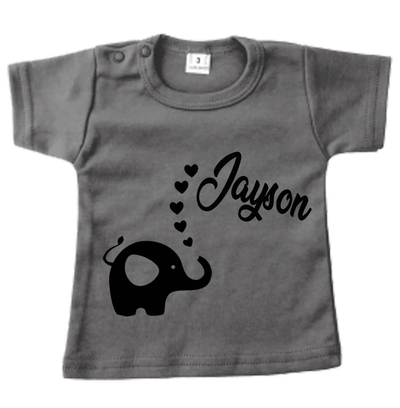 Baby t-shirt bedrukt olifantje/hartjes en naam