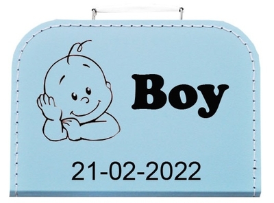 Geboortekoffertje met kraamcadeau's nr.39 bedrukt met baby jongen