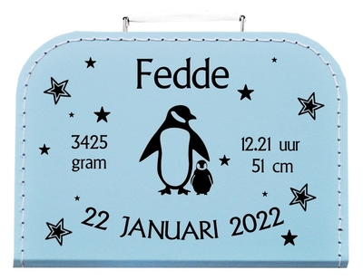 Geboortekoffertje met kraamcadeau's nr.40 in 5 kleuren bedrukt pinguin
