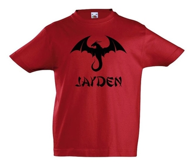 Kinder t-shirt bedrukt met naam en draak vliegend