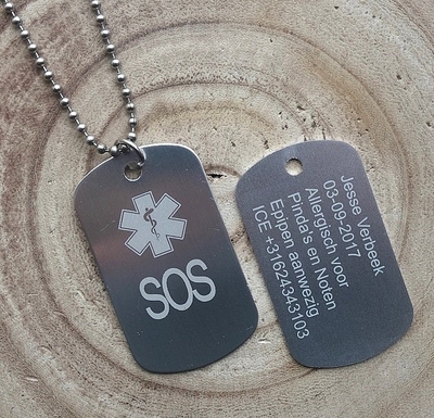Dogtag medisch teken 2-zijde gravure aluminium hoogglans