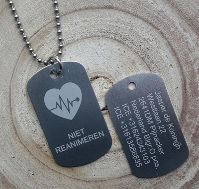 Dogtag niet reanimeren 2-zijde gravure aluminium RVS ketting