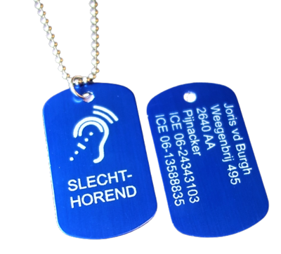 Dogtag Doof/Slechthorend oor 2-zijde gravure aluminium hoogglans  