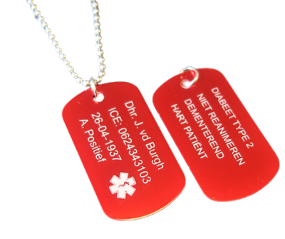Dogtag medisch teken klein 2-zijde gravure aluminium hoogglans