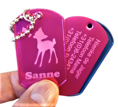 SOS naamplaatje kinderen 2-zijde gravure leuke afbeeldingen roze/blauw