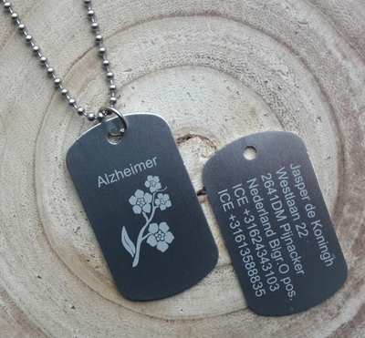 Dogtag Alzheimer of Dementie 2-zijde gravure met RVS ketting