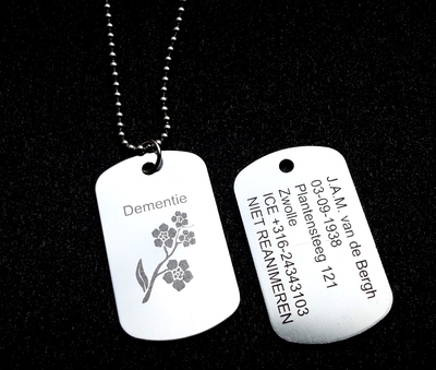 Dogtag Alzheimer of Dementie 2-zijde gravure met RVS ketting