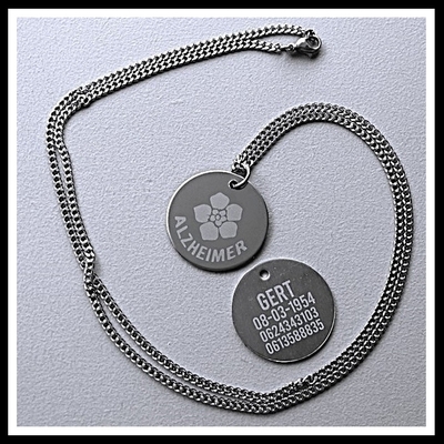 Ketting alzheimer of dementie penning RVS 2-zijde gravure RVS ketting 