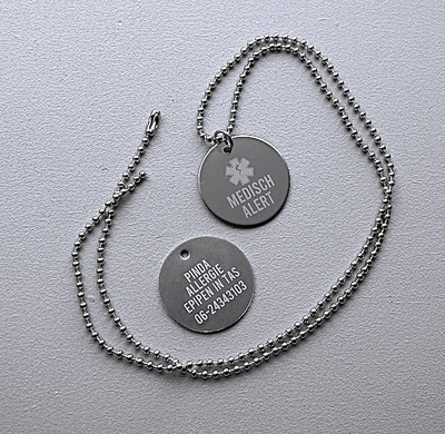 Ketting medisch teken penning RVS 2-zijde gravure incl. nikkelvrije ketting