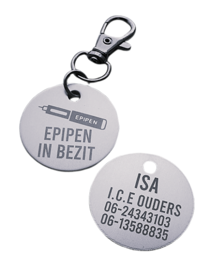 Sleutelhanger epipen penning aluminium 2-zijde gravure incl. nikkelvrije ketting  