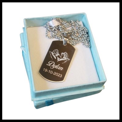Dogtag gegraveerd geboorte RVS met afbeelding naar keuze