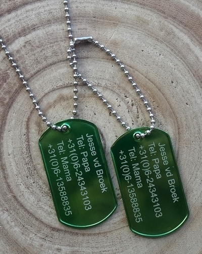 Dogtags gegraveerd aluminium diverse kleuren 