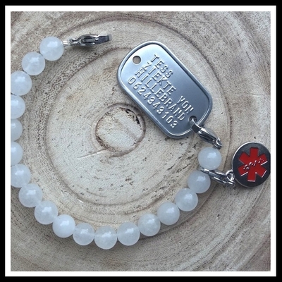 Dogtag armband met edelsteenkralen 8mm en rvs bedel