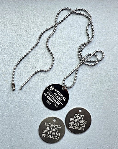 Medische ketting Medical alert penning RVS 2-zijde gravure incl. nikkelvrije ketting  