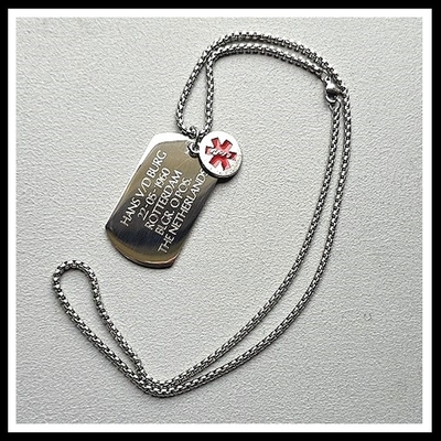 Dogtag gegraveerd medisch RVS incl. ketting 1 of 2 zijde gravure 